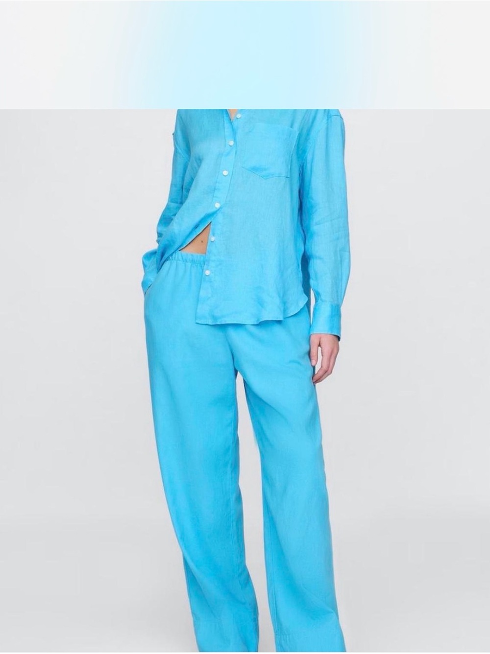 GAP Women's Bright Turquoise Button-Down Linen set- 2 pieces set (m pant, s top)